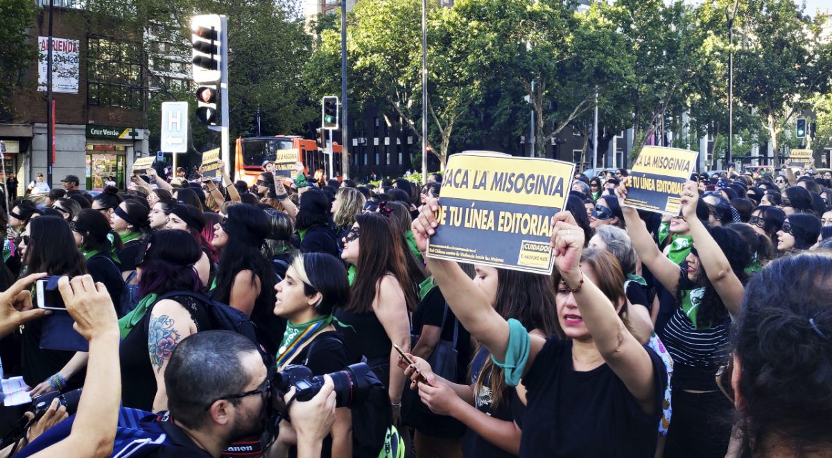 cartel "saca la misoginia de tu línea editorial" en una marcha. Foto de Sofía Salinas