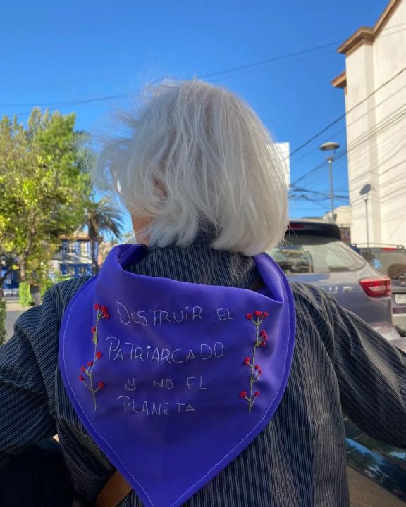 Mujer de espaldas lleva una pañoleta morada que dice "Destruir el patriarcado y no el planeta". 